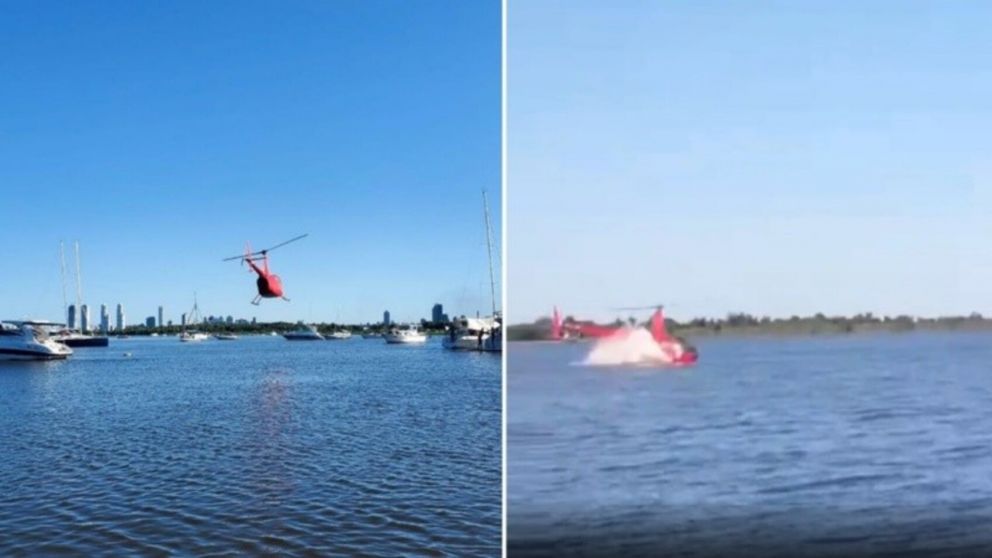 Un helicóptero se estrelló en el Río Paraná tras realizar maniobras peligrosas y murió el piloto (Imagen captura vídeo).