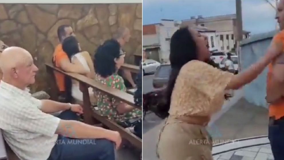 Una mujer encontró a su marido con una amante en una iglesia y todo acabó en escándalo (Imagen captura vídeo).