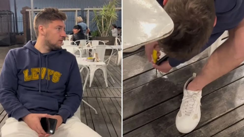 Un joven perdi� su tarjeta de cr�dito entre las maderas de un restaurante y desarm� el piso para recuperarla (Imagen captura v�deo).