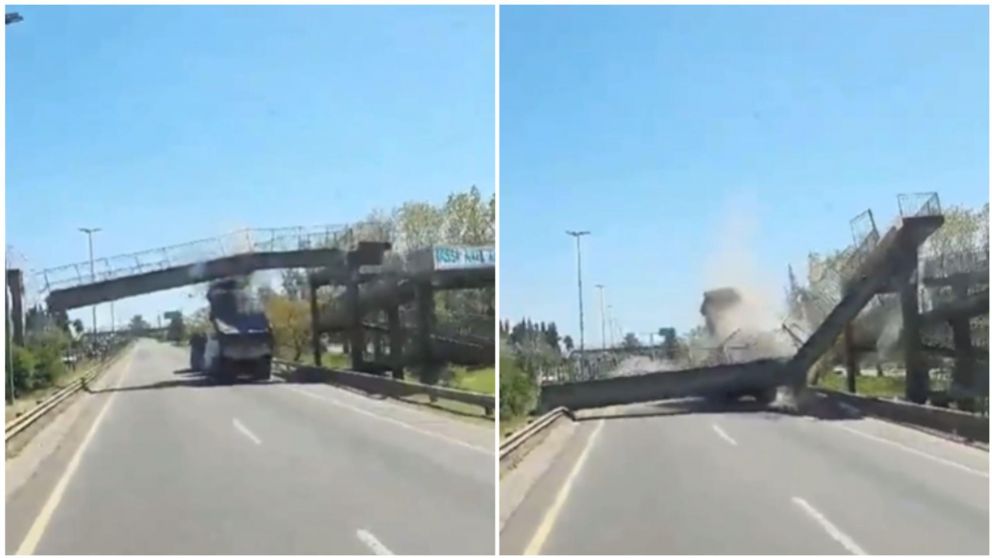 Un camión chocó contra un puente peatonal sobre la ruta 2 y lo derrumbó.