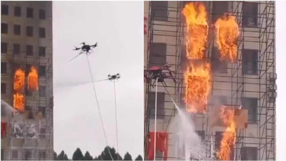 Tres drones apagaron un incendio impresionante.