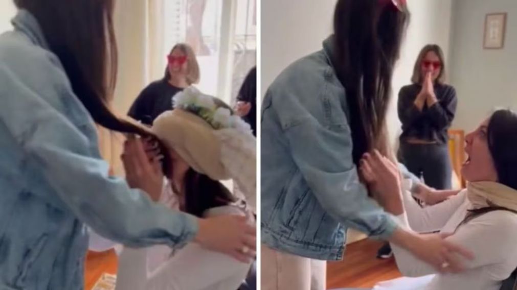 Una joven festejaba su despedida de soltera y recibi� una inesperada visita (Imagen captura video).