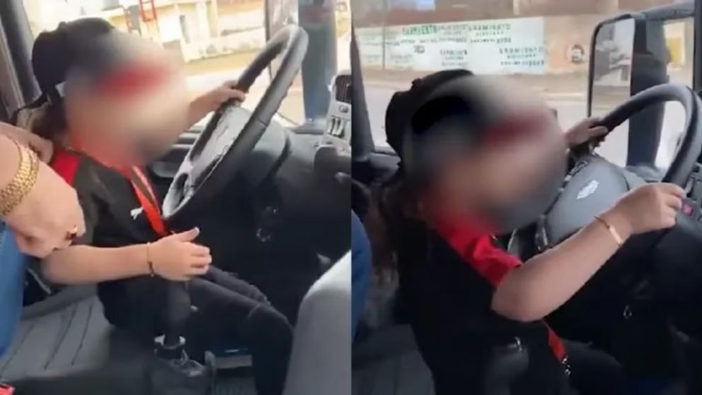 Un nene de 7 años manejó un camión alentado por dos adultos y el vídeo generó polémica en las redes (Imagen captura vídeo).