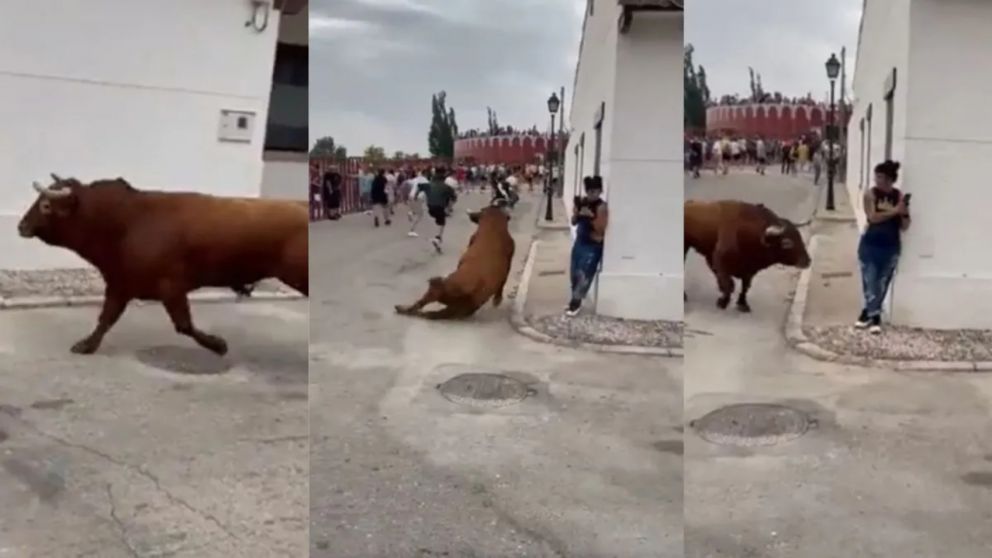 Una joven se distrajo mirando el celular y fue corneada violentamente por un toro en una corrida (Imagen captura video).