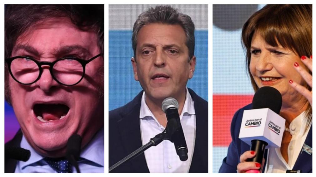 Los flamantes candidatos presidenciales Javier Milei, Sergio Massa y Patricia Bullrich.