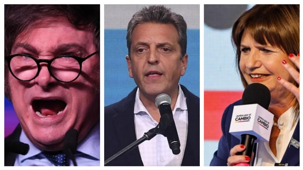 Los flamantes candidatos presidenciales Javier Milei, Sergio Massa y Patricia Bullrich.