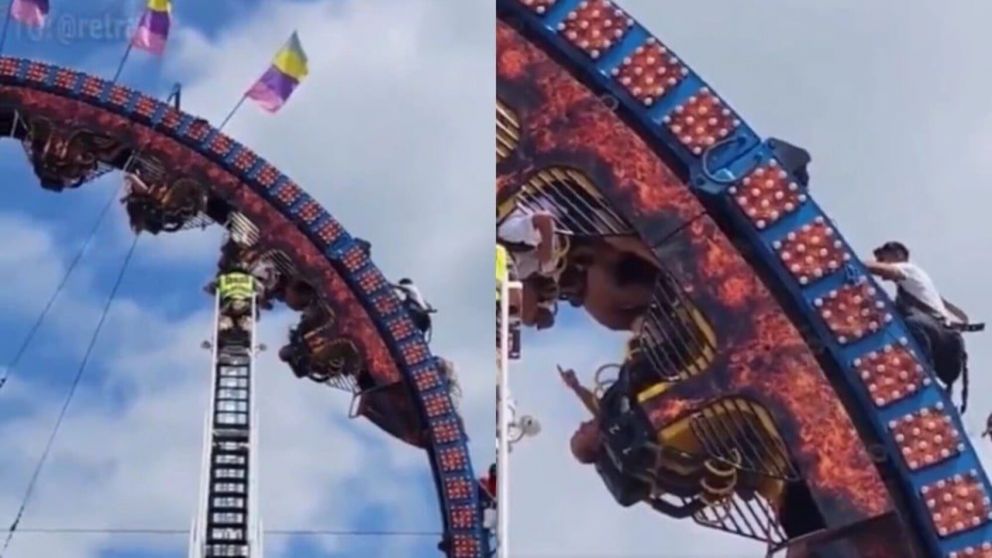 Una monta�a rusa se detuvo y ocho personas quedaron colgados de cabeza durante horas (Imagen captura v�deo).