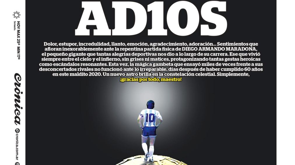 La tapa de Cr�nica publicada el 26 de noviembre de 2020.