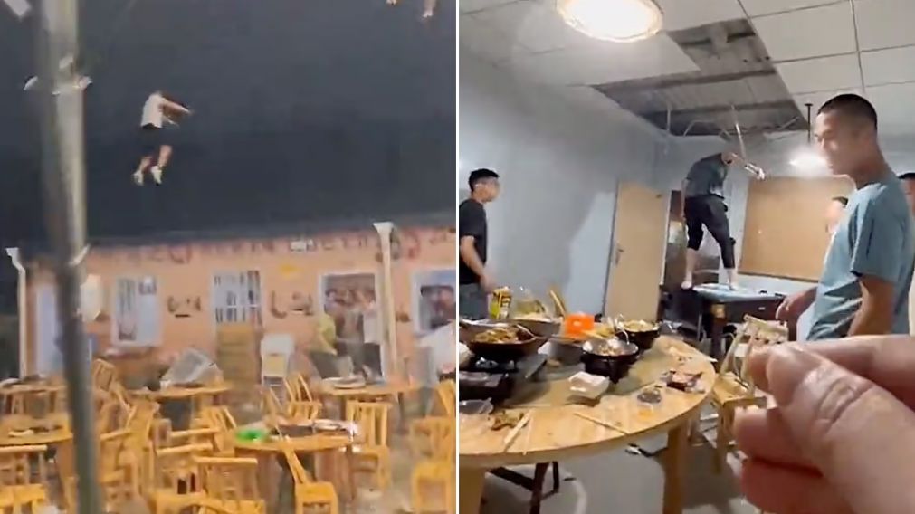 ¡Voló a cuatro personas! Fuertes vientos arrancaron el techo de un restaurante y así la gente intentó evitarlo.