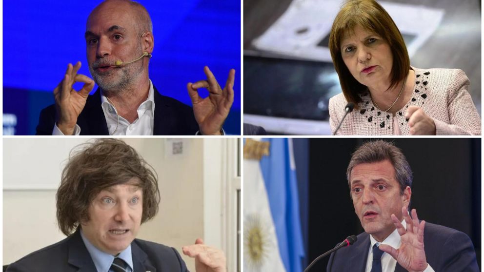 Horacio Rodríguez Larreta, Patricia Bullrich, Javier Milei y Sergio Massa, cuatro de los precandidatos presidenciales que se midieron en la encuesta.