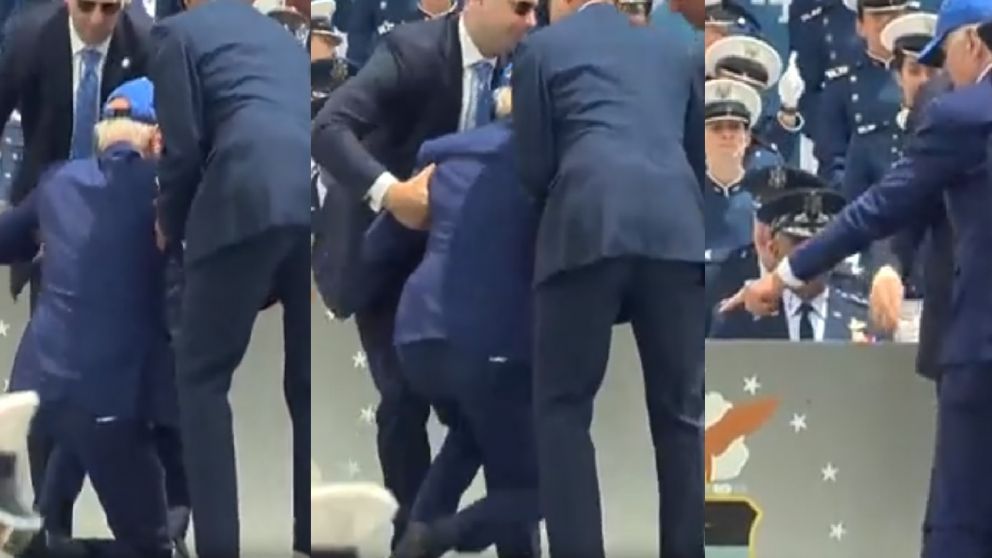 Joe Biden cayó en el escenario durante un evento de la Fuerza Aérea de Estados Unidos.