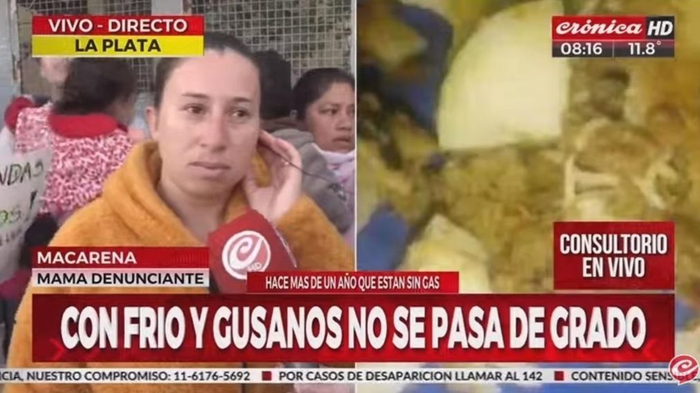 La mamá de un alumno de la escuela 35 de Los Hornos, partido de La Plata, habló con Crónica HD sobre la comida que reciben los chicos (Captura de pantalla).