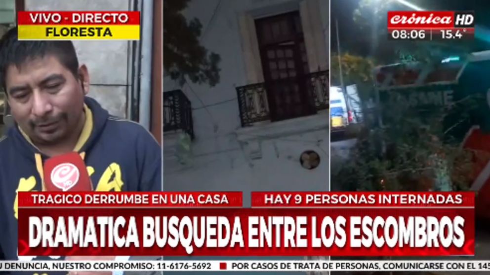 Juan busca a su madre, una mujer de 72 años que vive en la propiedad que se derrumbó en Floresta (Captura de TV).