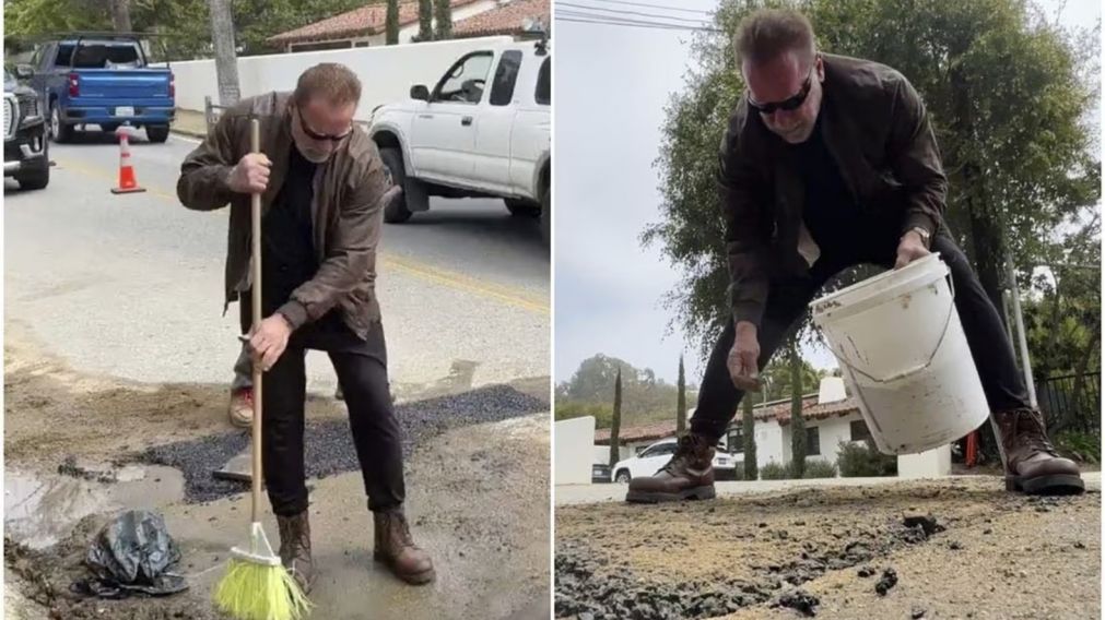 Arnold Schwarzenegger se cans� de esperar a que reparen un bache en su barrio y lo arregl� personalmente (Imagen captura v�deo).