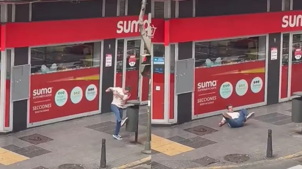 Se peleó con un tacho de basura y recibió una paliza que se hizo viral en las redes (Imagen captura vídeo).