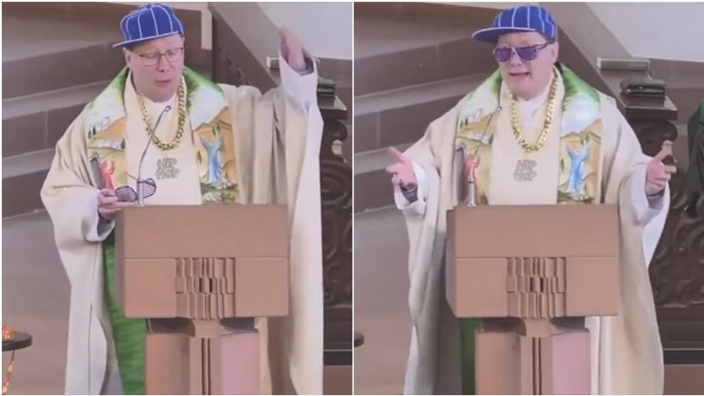 Un sacerdote brind� su misa rapeando y vestido con gorra, anteojos y una cadena.