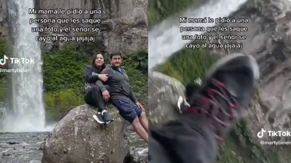 Le pidieron a una persona que les sacara una foto, pero tuvo un insólito accidente y se hizo viral (Imagen captura vídeo).