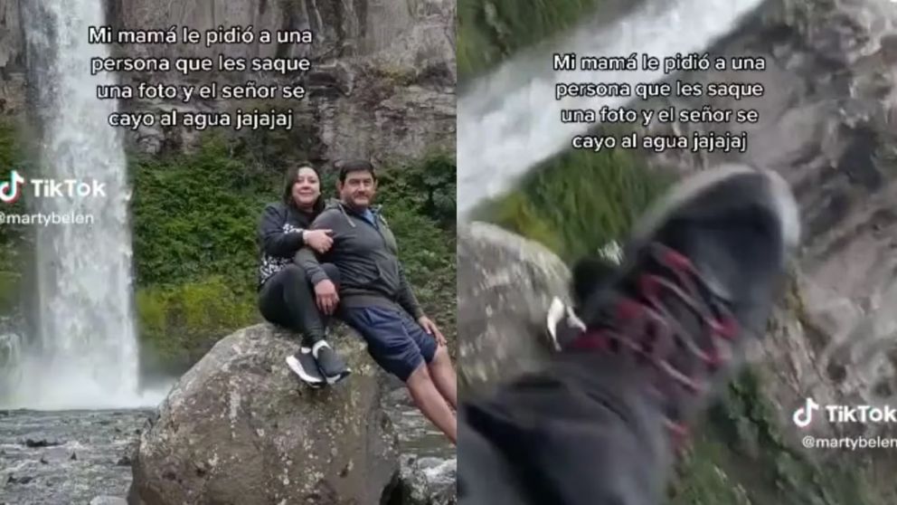 Le pidieron a una persona que les sacara una foto, pero tuvo un insólito accidente y se hizo viral (Imagen captura vídeo).