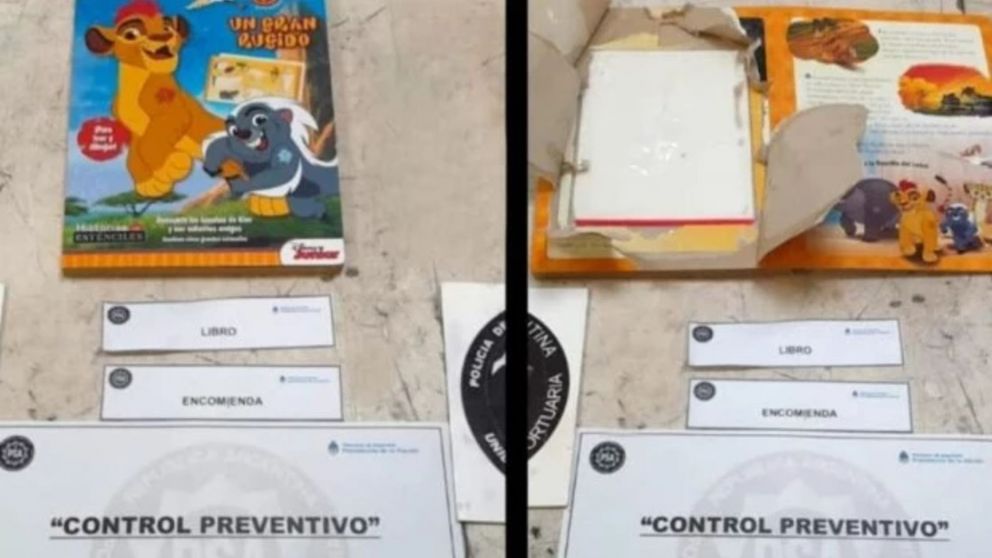 El doble fondo del libro de cuentos donde se encontró la droga. (Gentileza PSA)
