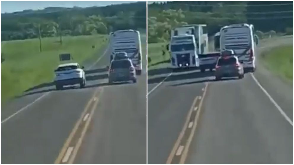 La maniobra irresponsable de un automovilista casi provoca una tragedia en Uruguay.