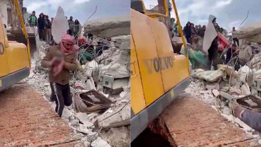 Una bebé nació tras el terremoto en Siria y fue rescatada bajo los escombros de un edificio (Imagen captura vídeo).