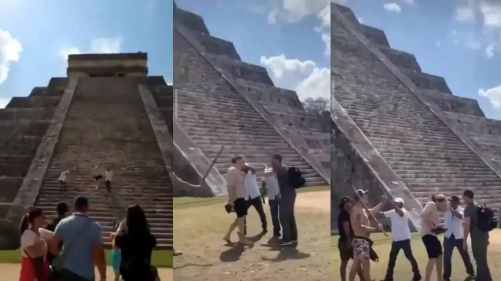 Un turista se subió a la pirámide de Chichén Itzá y al bajar lo recibieron a los palazos (Imagen captura vídeo).