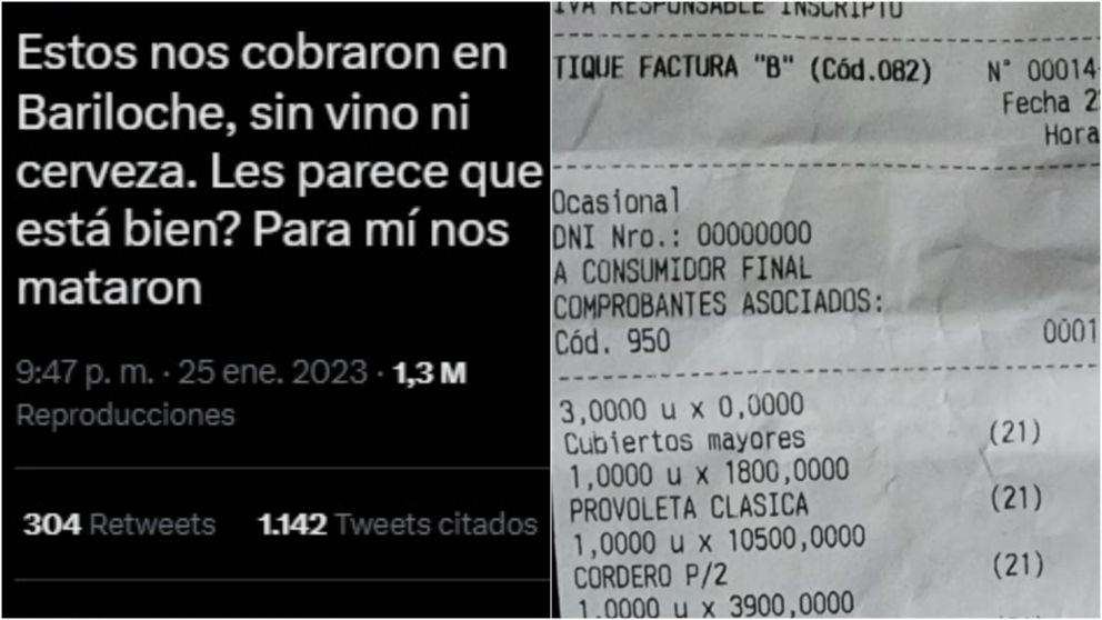 Cen� en un restaurante de Bariloche y casi sale espantada cuando recibi� la cuenta: "Para m�, nos mataron"