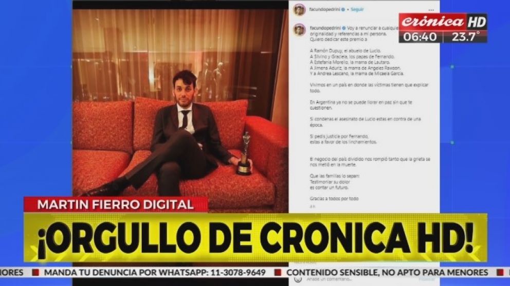 Crónica HD dijo presente en los Martin Fierro Digitales y ganó