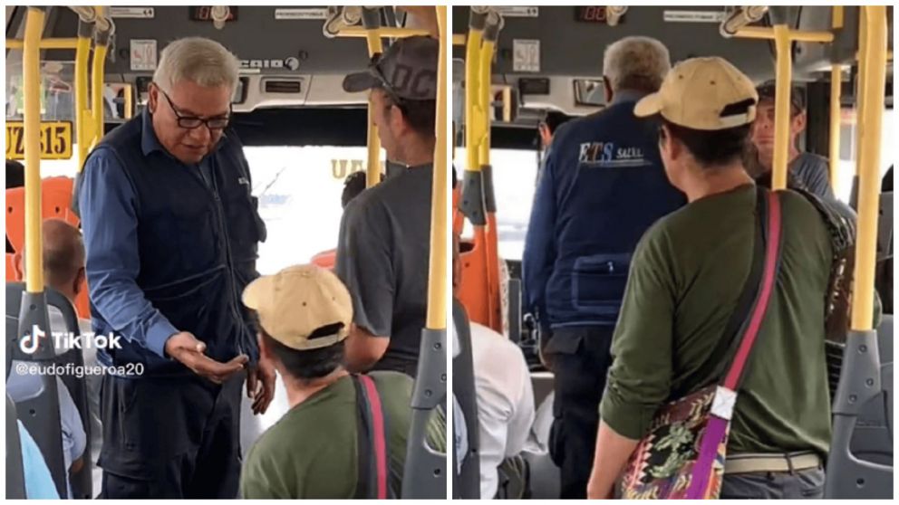 El colectivero le insist�a al m�sico para que pague el boleto y la discuci�n es viral (Tiktok/@eudofigueroa20).