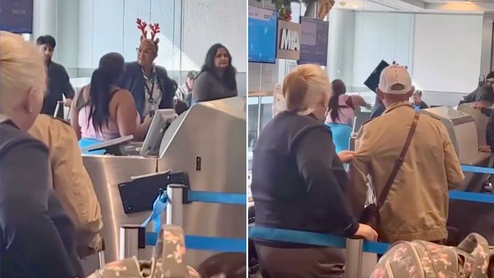 Una mujer se enojó tras perder a sus hijos en un aeropuerto y atacó a un empleado con una computadora (Imagen captura vídeo).