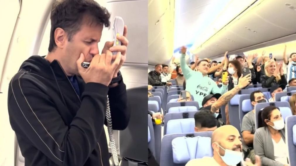 Ciro Mart�nez toc� el Himno Nacional en un avi�n rumbo a Qatar y sorprendi� a los pasajeros (Imagen captura v�deo).