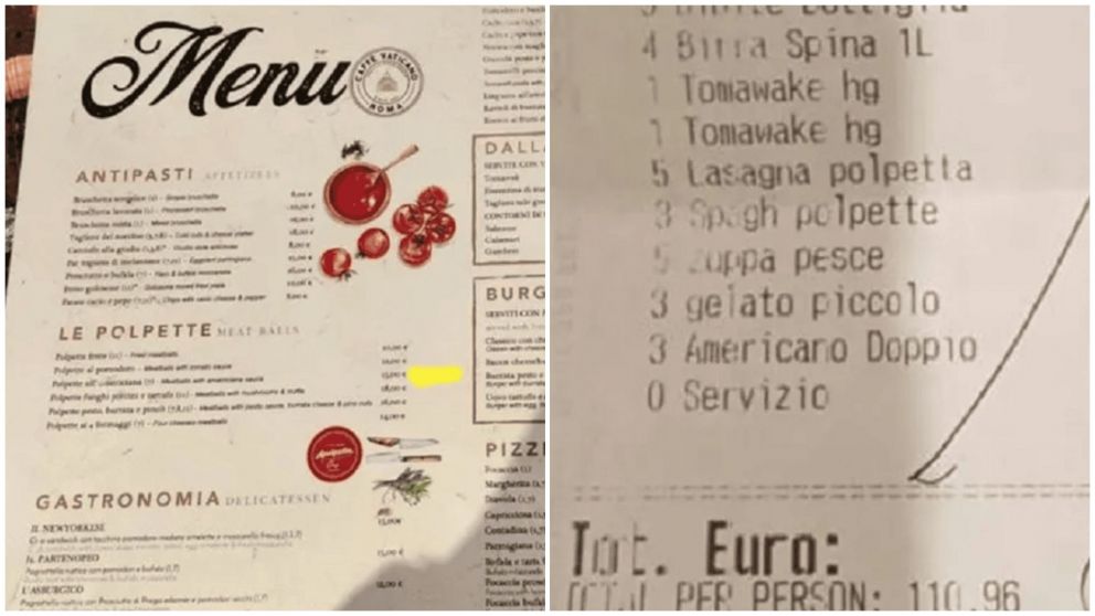 Familia extranjera acusó una estafa en un restaurante de Roma luego de ver el ticket.
