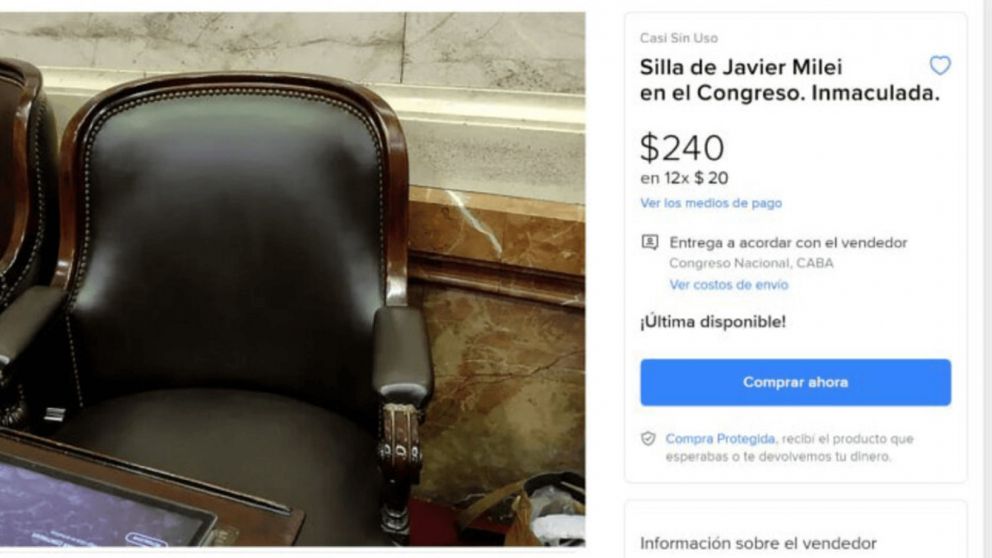 Pusieron en venta por Mercado Libre la banca de Javier Milei en Diputados.
