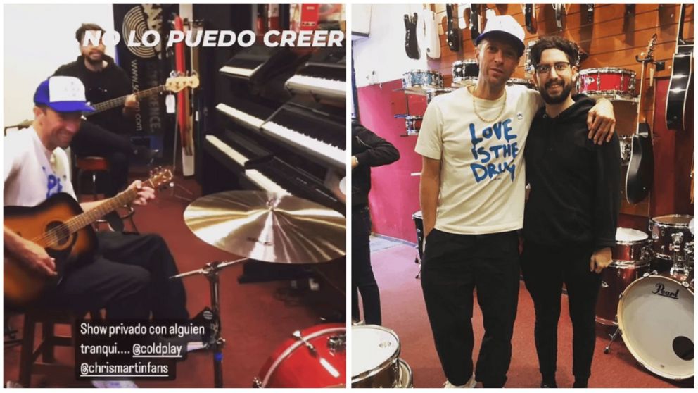 Chris Martin sorprendió a los empleados de un local de música porteño (Instagram/luccanievas).