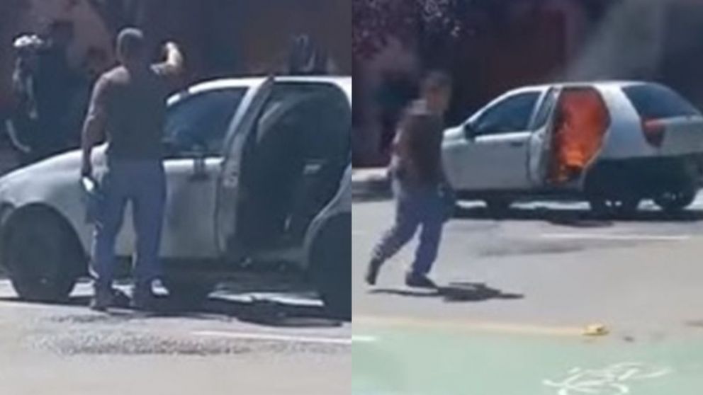 Un hombre discutió con la Policía y prendió fuego su propio auto para evitar que se lo retuviera (Imagen captura vídeo).