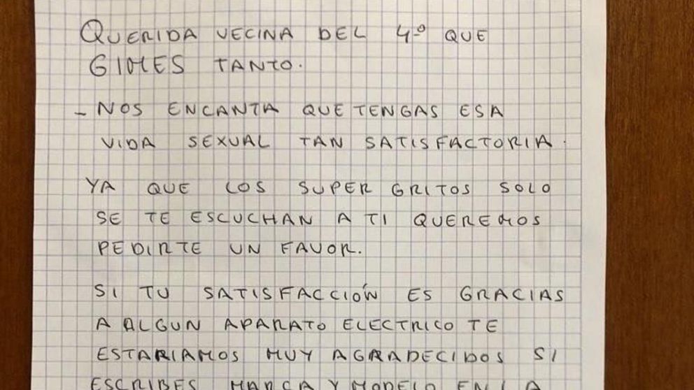 Se cansó de los "súper gritos" sexuales de su vecina y le escribió desopilante carta viral