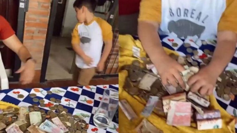 Un nene ahorró durante 3 años y se llevó una gran decepción al ver cuánto había juntado (Imagen captura vídeo).