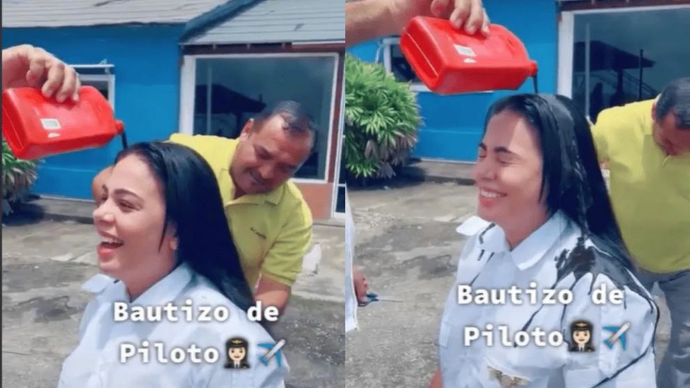 Una joven se recibió como y recibió un insólito "bautismo" que se hizo viral (Imagen captura vídeo).