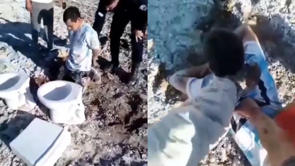 El joven intentó escapar con dos inodoros, una de ellas con la mochila de agua (Video: Canal 13 San Juan TV)
