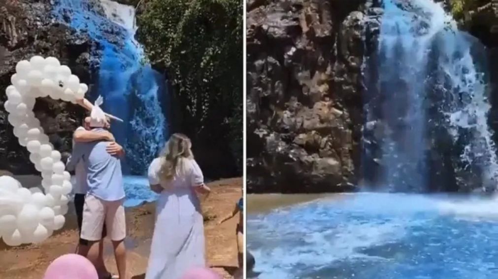 Pareja tiñó el agua de una cascada para revelar el sexo de su futuro bebé y la contaminaron (Imagen captura vídeo).