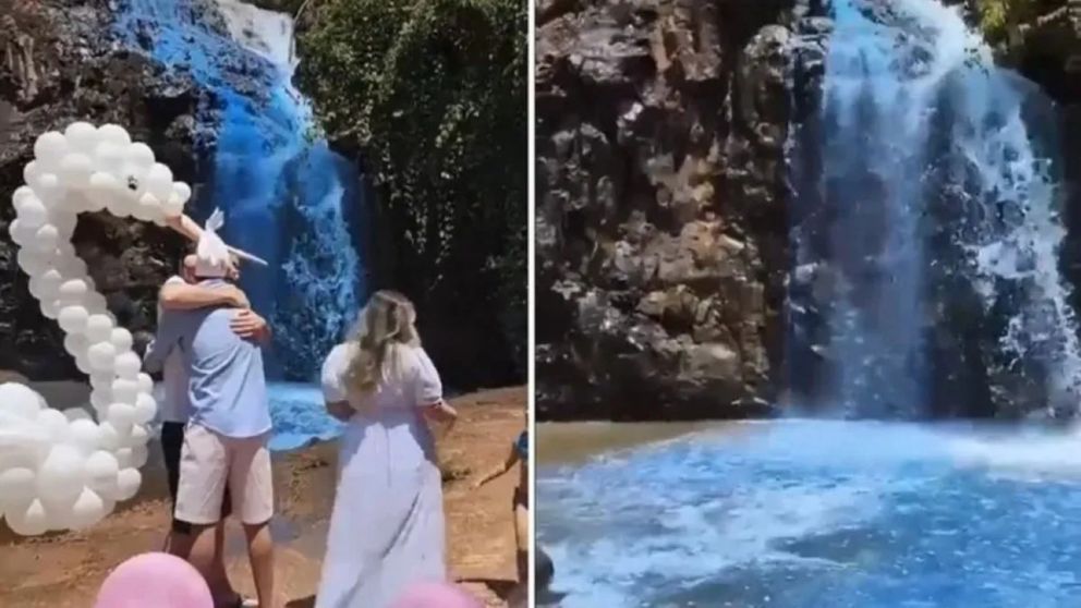 Pareja tiñó el agua de una cascada para revelar el sexo de su futuro bebé y la contaminaron (Imagen captura vídeo).