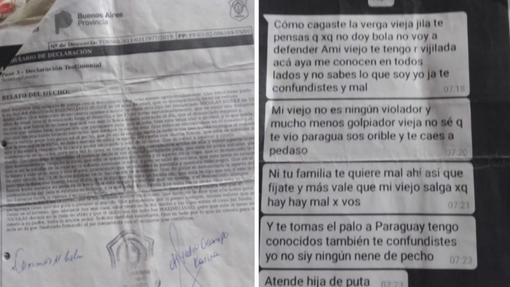 La denuncia, y uno de los tantos mensajes amenazantes que recibe del hijo del denunciado.