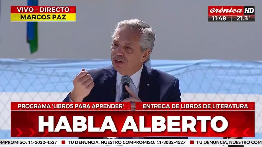 El presidente Alberto Fernández en el acto en Marcos Paz (Crónica HD).