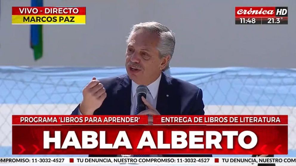 El presidente Alberto Fernández en el acto en Marcos Paz (Crónica HD).