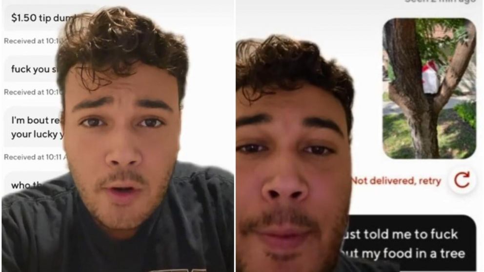 Un joven le dio poca propina a un repartidor, que se enojó y dejó su pedido en un árbol (Imagen captura vídeo).