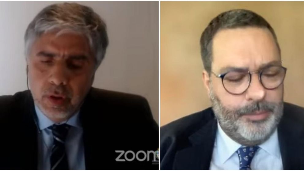 Rodrigo Gim�nez Uriburu, presidente del Tribunal Oral Federal 2, y Maximiliano Rusconi, abogado de Julio de Vido (Captura de pantalla).