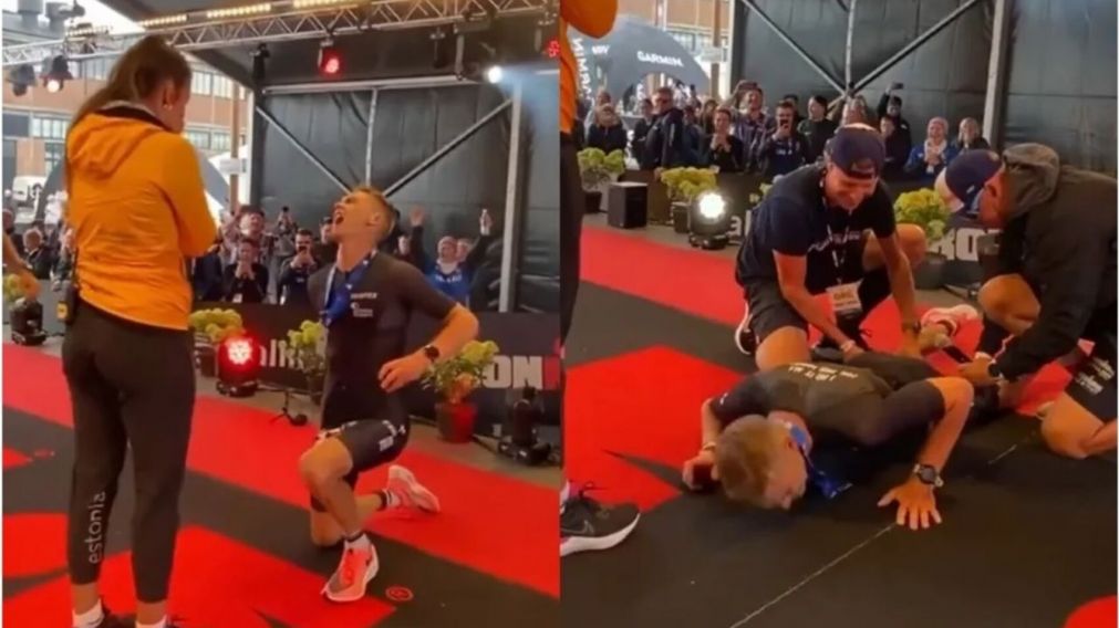 Un atleta le proponía casamiento a su novia, pero le agarró un calambre y el video se viralizó (Imagen captura vídeo).