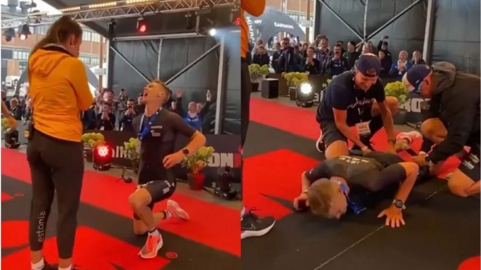 Un atleta le proponía casamiento a su novia, pero le agarró un calambre y el video se viralizó (Imagen captura vídeo).