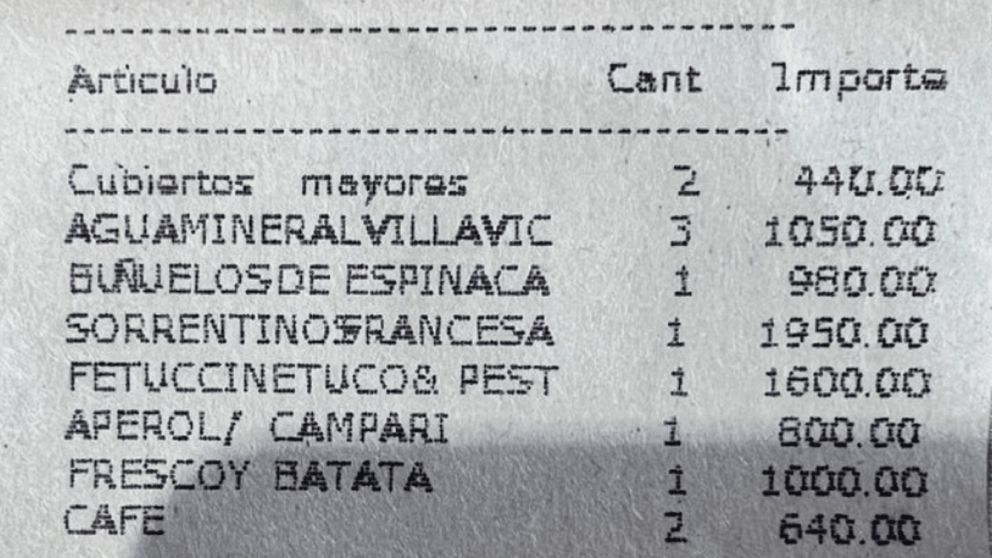 El ticket del almuerzo que compartió Carlos Maslatón en Twitter.