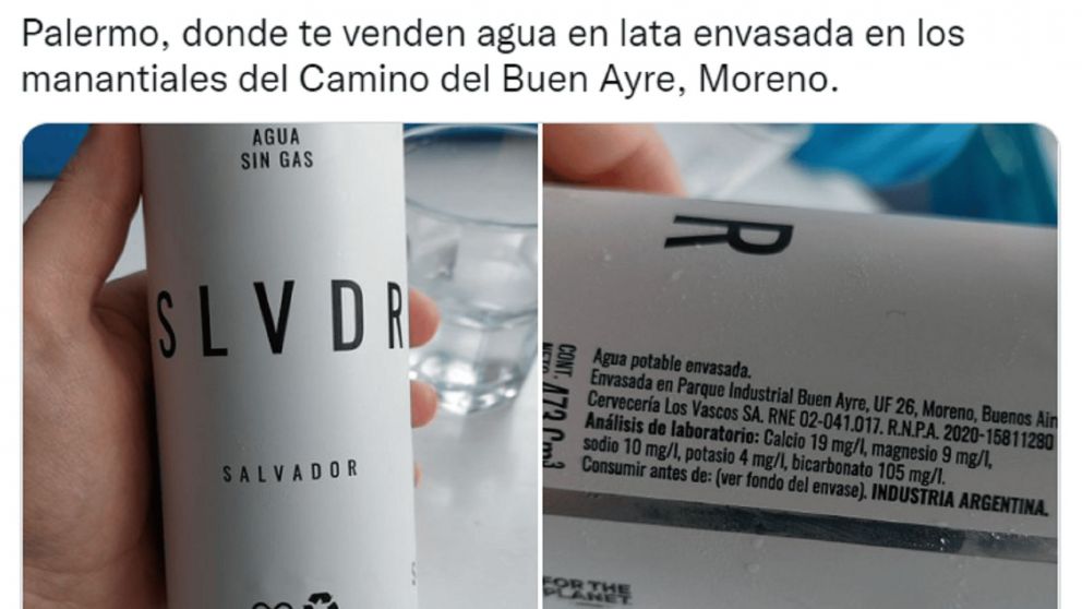 La lata de agua que venden en Palermo desató un tremendo debate viral (Twitter/@brezhneviano).